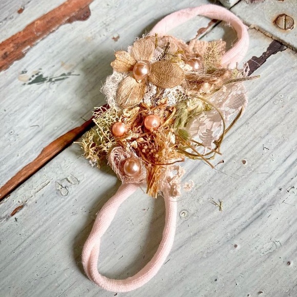 Bohemian Floral Headpiece - Burnt Orange & Cream Organic with Lace & Pearls - Picture 7 of 7